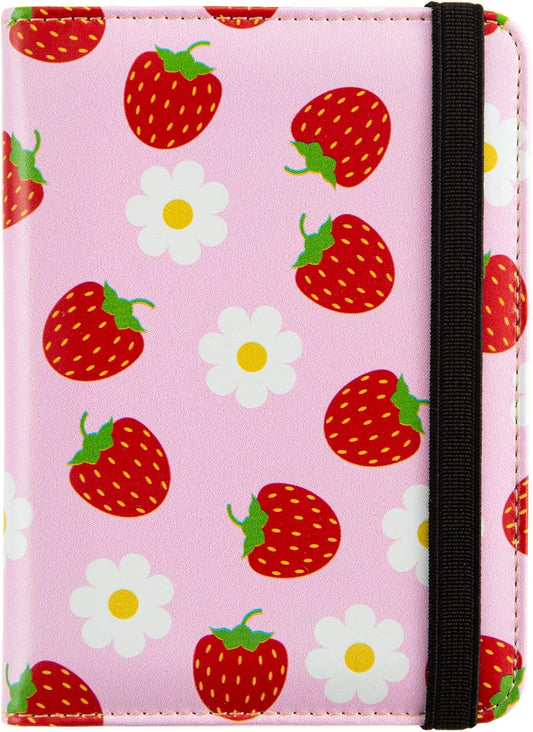 Cute Strawberry Daisy Passport Holder, PU Leather Waterproof Travel Wallet with Elastic Strap (5.6 × 3.93 inches)
