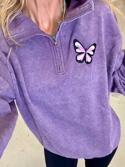 Acid Purple Embroidered Quarter Zip Pullover