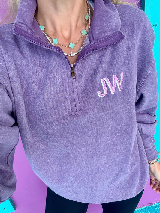 Acid Purple Embroidered Quarter Zip Pullover